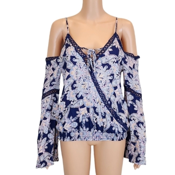 Wonderly Blue Floral Cold shoulder long sleeve top - Picture 1 of 10